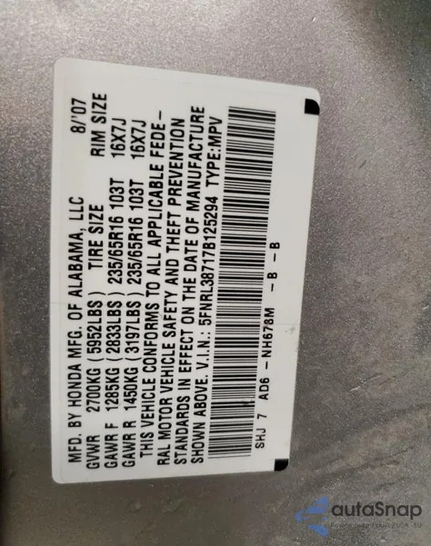 2007 Honda Odyssey Exl z USA, uszkodzony, nr VIN 5FNRL38717B125294